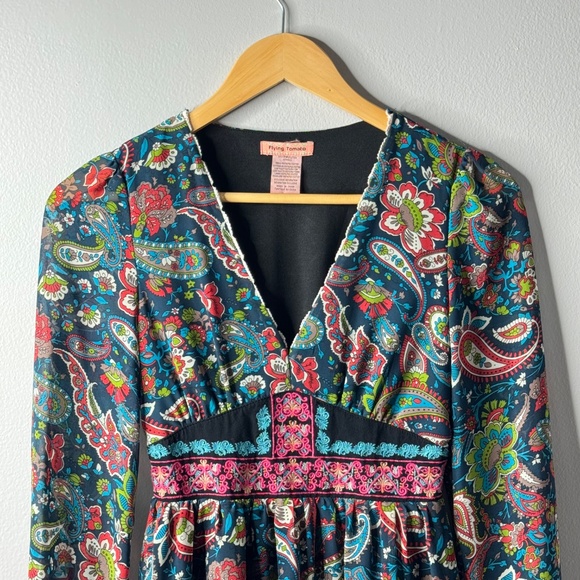 Flying Tomato Mini Dress Navy Blue Paisley Print Long Sleeves Size Extra Small - Picture 3 of 11